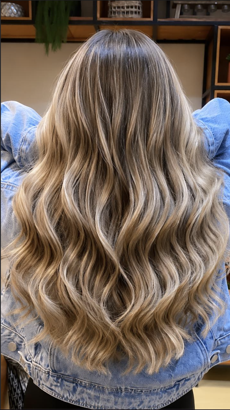 Cabelo longo com coloração em tons iluminados, feito no MH Botânica